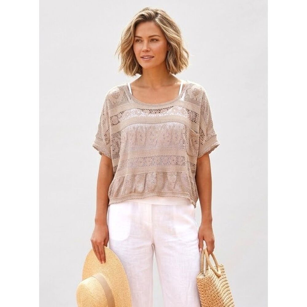 Crochet Open Knit Cropped Top Sz. M Beige Mimi Chica Layering Boho Festival